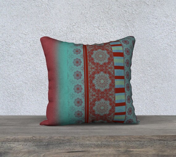 Bohemian Mandala Throw Pillow Cover: Vibrant Teal, Red, Orange - Ireland