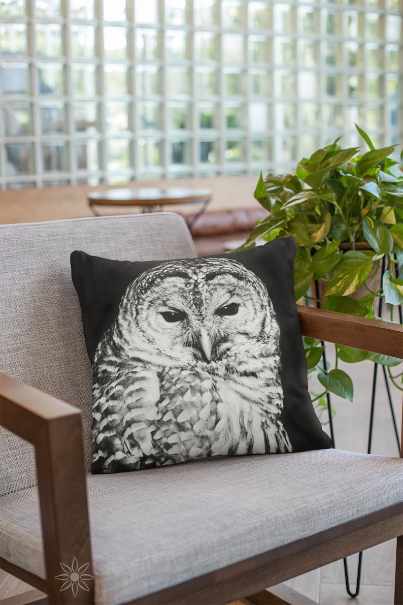 barred owl face black and white graphic bird throw pillow cover in velveteen fabric