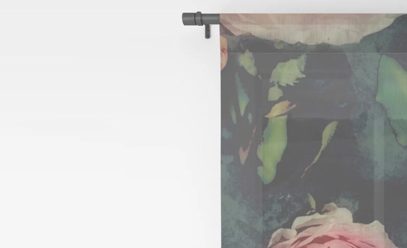 May include: A sheer curtain panel with a floral pattern featuring pink, green, and blue watercolor-style roses. The background is a dark gray.