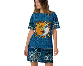 T-shirt Dress in Colourful Mexican Talavera Tile Sun Moon Face, Up to 6X Size, Summer Comfy Pullover Loose Bright Colour Clothing
