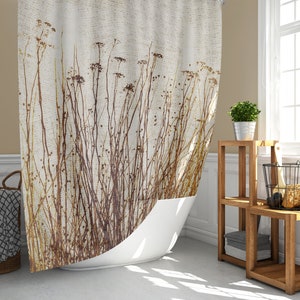 Dried Plants Primitive Gingham Pattern Shower Curtain, Modern Rustic Botanical Nature Country Home Décor, Brown Yellow Beige, Ships from USA image 5