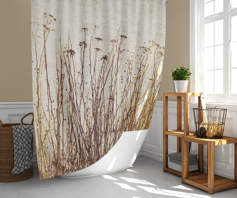 Dried Plants Primitive Gingham Pattern Shower Curtain, Modern Rustic Botanical Nature Country Home Décor, Brown Yellow Beige, Ships from USA image 5