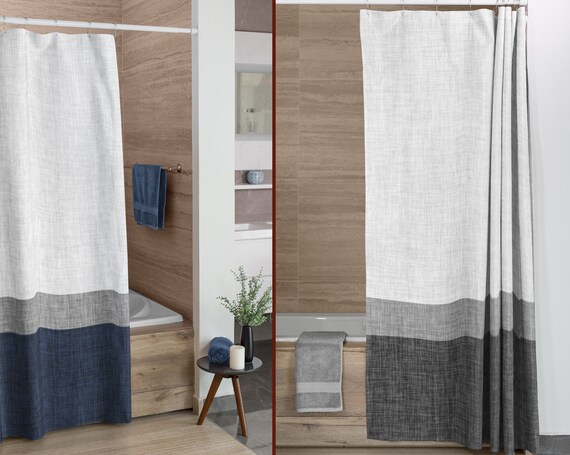 Grey Or Dark Blue Stripe Shower Curtain In Graphic Burlap Etsy