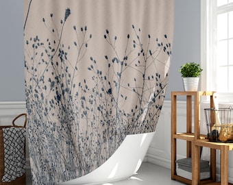 Plants and Stems Shower Curtain Dark Blue Rosy Light Taupe, Semi Silhouette Botanical Modern Country Home Bath Decor