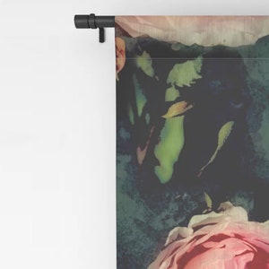 May include: A watercolor-style curtain panel featuring a dark green and black background with pink roses. The roses are in various stages of bloom, with some petals open and others closed. The background is a dark green and black watercolor wash.