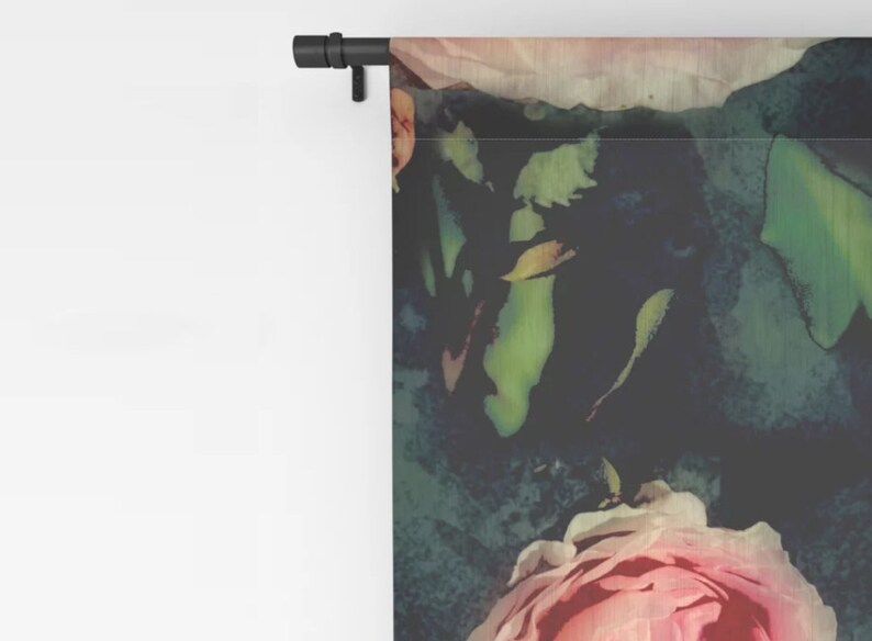 May include: A watercolor-style curtain panel featuring a dark green and black background with pink roses. The roses are in various stages of bloom, with some petals open and others closed. The background is a dark green and black watercolor wash.