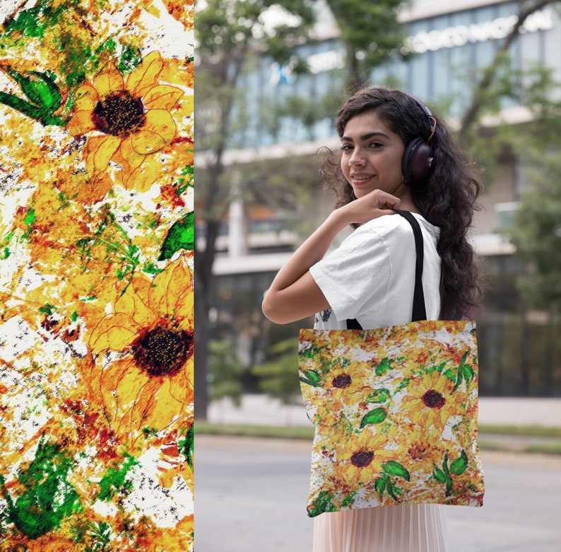 Expressionist Sunflowers Tote Bag, Summer Carryall in Bright Floral Print, Reusable Canvas Shopping Shoulder Bag, Gift for Sister image 1