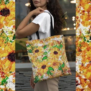Expressionist Sunflowers Tote Bag, Summer Carryall in Bright Floral Print, Reusable Canvas Shopping Shoulder Bag, Gift for Sister image 3