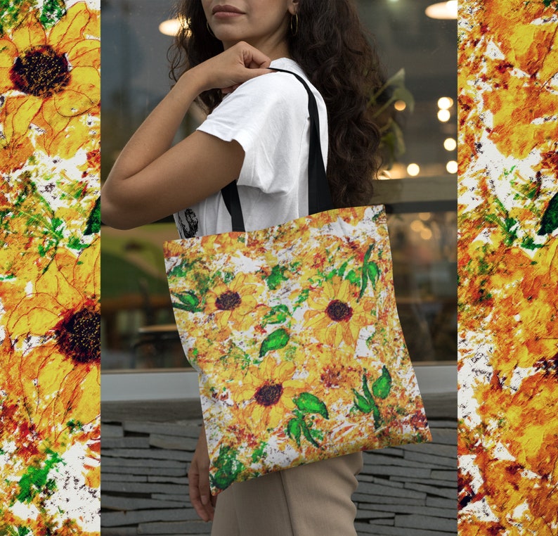 Expressionist Sunflowers Tote Bag, Summer Carryall in Bright Floral Print, Reusable Canvas Shopping Shoulder Bag, Gift for Sister image 3