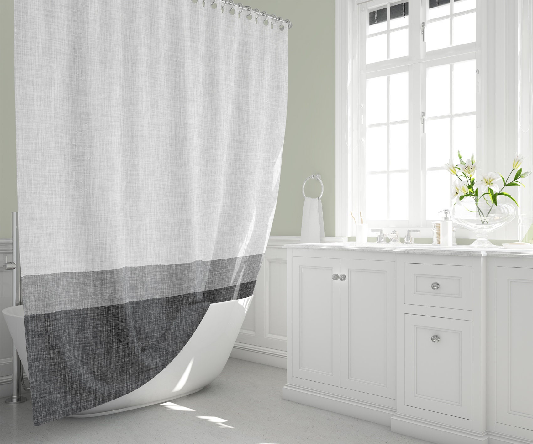 Grey Stripe Shower Curtain In Graphic Burlap Print Pattern Etsy