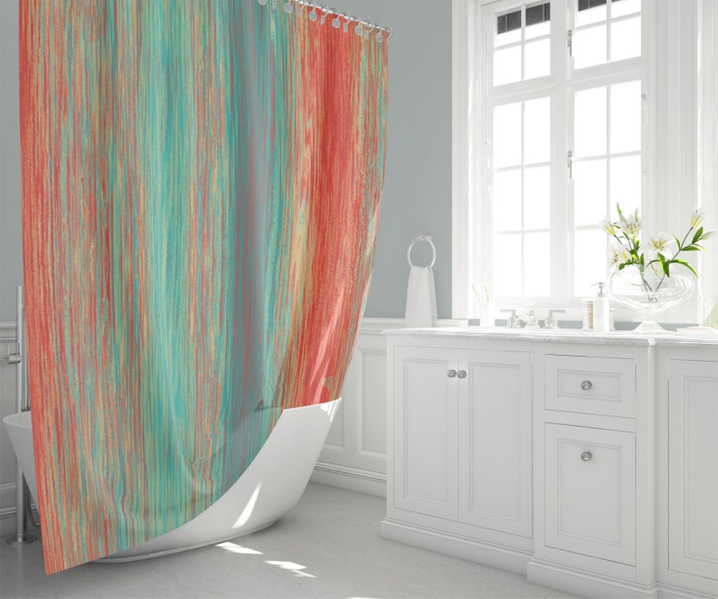 Teal And Orange Blended Lines Pattern Fabric Shower Curtain Modern Abstract Bright Colors Bathroom Decor