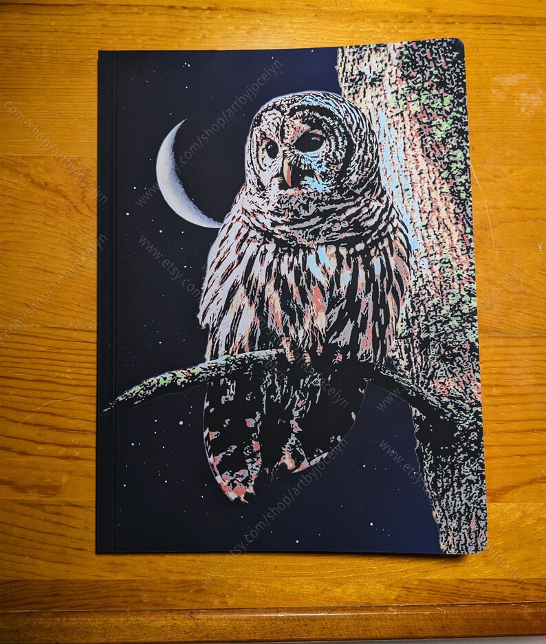 Owl and Moon Journal, Writing or Sketching Booklet, Gift for Artist, 48 Pages Blank or Ruled, 2 Size Options image 5