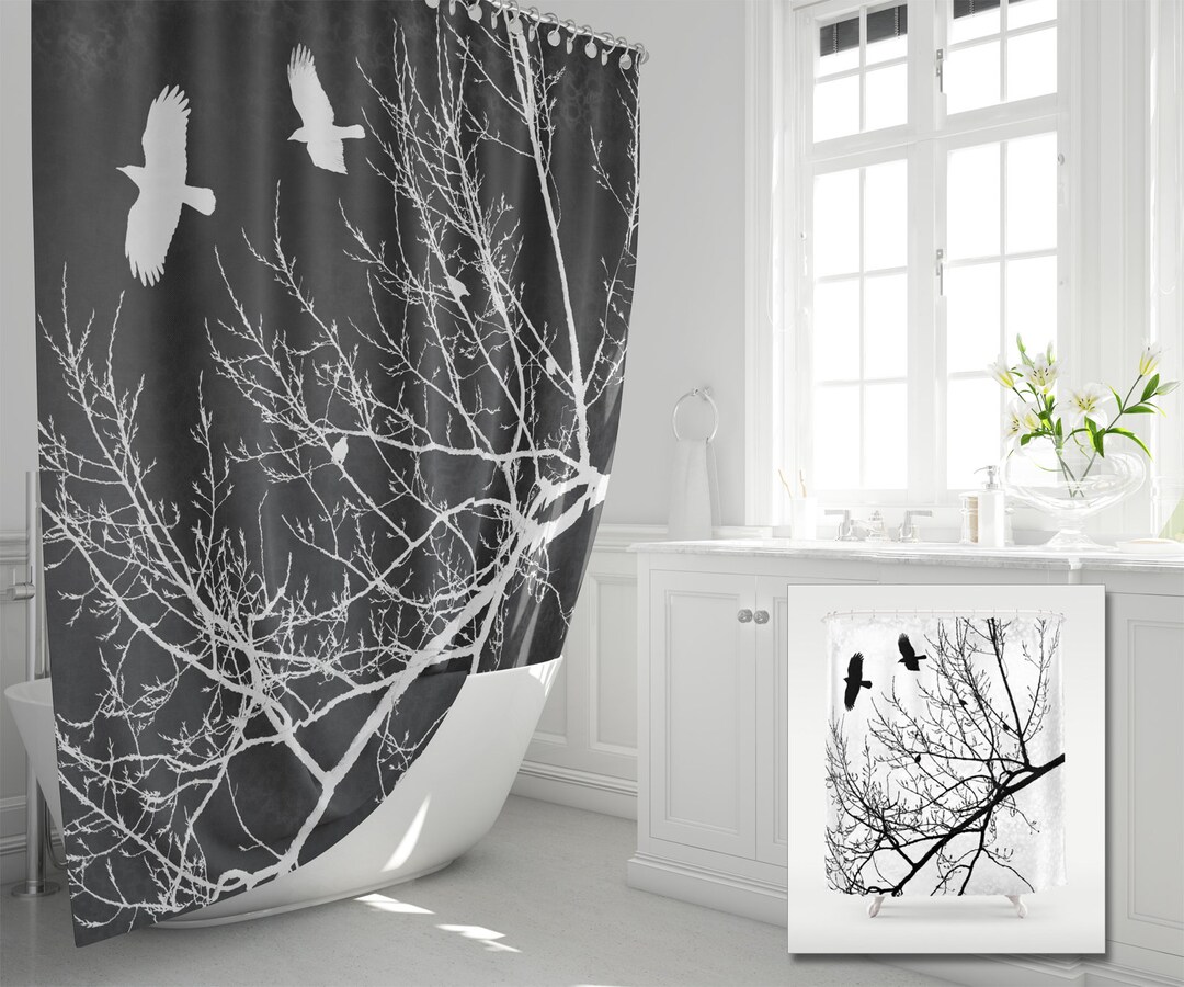 Crows and Trees Fabric Shower Curtain, Birds in Branch Silhouette Charcoal Black White Gothic