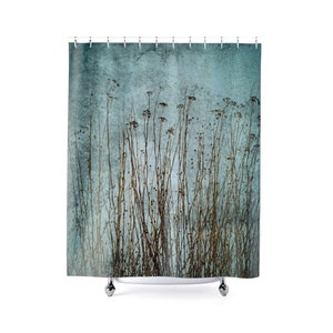 Dried Plants Blue Green Brown Grunge Print Shower Curtain Polyester Fabric, Modern Rustic Botanical Bath Décor Country Home, Ships from USA image 2