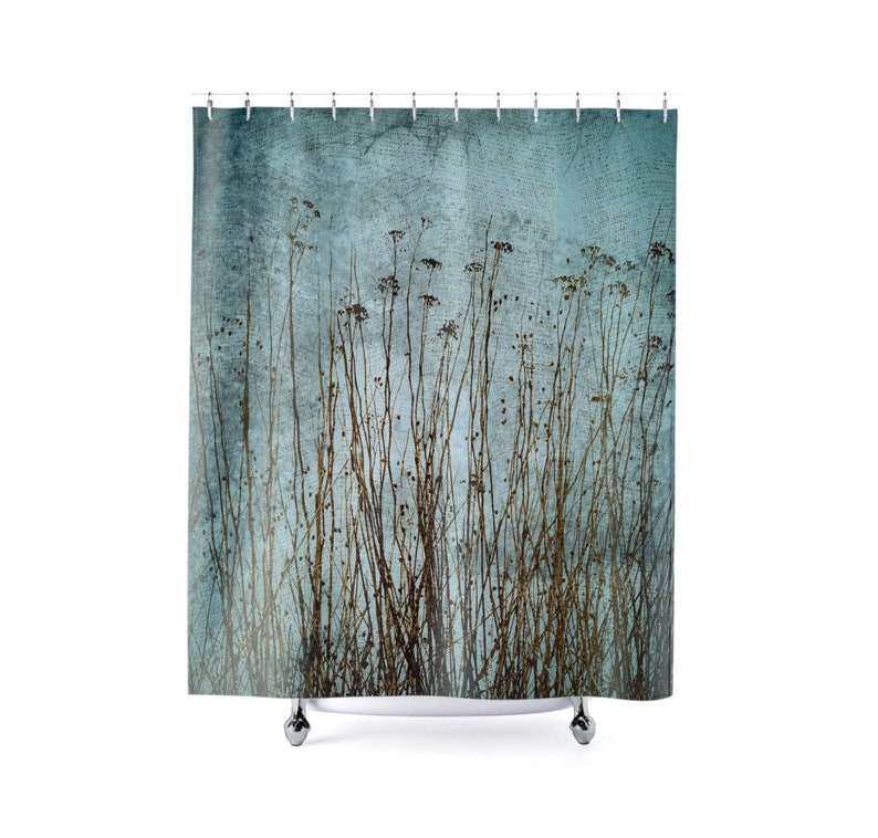 Dried Plants Blue Green Brown Grunge Print Shower Curtain Polyester Fabric, Modern Rustic Botanical Bath Décor Country Home, Ships from USA image 2