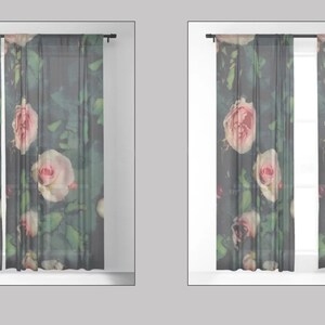 May include: A pair of sheer curtains with a floral pattern featuring pink roses on a dark green background.
