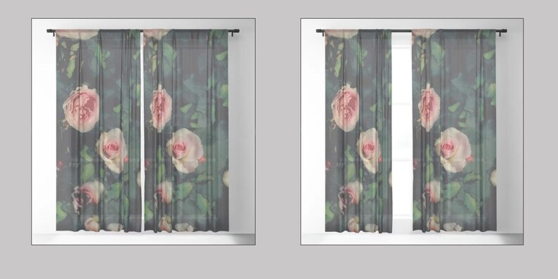 May include: A pair of sheer curtains with a floral pattern featuring pink roses on a dark green background.