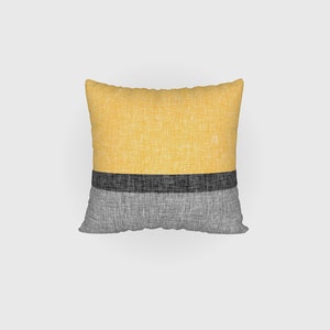 Modern Stripe Throw Pillow Cover Yellow Grey Charcoal Black, Colour Block Crosshatch Print Couch or Chair Cushion Case image 2