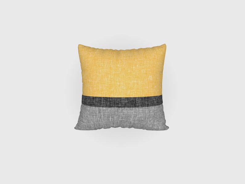 Modern Stripe Throw Pillow Cover Yellow Grey Charcoal Black, Colour Block Crosshatch Print Couch or Chair Cushion Case image 2