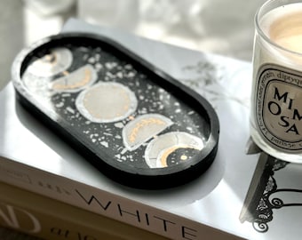 Bandeja para objetos pequeños con diseño de fases lunares, decoración celestial, organizador de joyas, llaves y recuerdos, plato para rituales lunares.