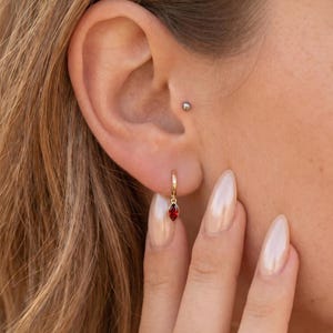 14K Gold Tiny Marquise Birthstone Dangle Hoop Earrings Personalized Gemstone Drop Earrings, Minimalist Birthday Gift for Women, Gift for Her