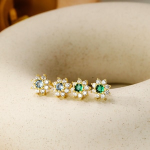 18K Gold Birthstone Earrings with Moissanite - Dainty Flower Gemstone Earrings - Bouquet Stud Earrings - Gift for Mom - Mother's Day Gifts