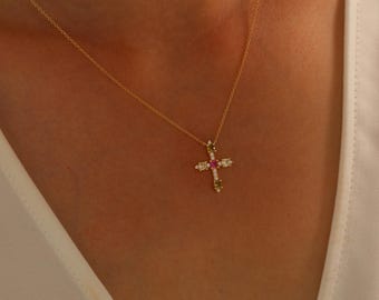18K Solid Gold Birthstone Cross Necklace - Family Birthstone Necklace - Personalized Birthstones Pendant - Religious Jewelry - Gift for Mom