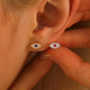 Evil Eye Birthstone Earrings with Diamond Pave - Protection Earrings - Personalized Baptism Jewelry Gift - Mothers Day Gift - New Mom Gift