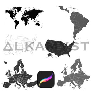 6 Weltkarte Procreate Pinsel | USA Amerika Südamerika Europa | Vorlage | Weltkugel | Erde