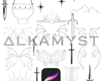 25 Acotar Procreate Brush Stamps | Fantasy Book | Wings | Mountain | Star | Swors | Dread Trove | Mask | Harp | A Court of Thorns And Roses