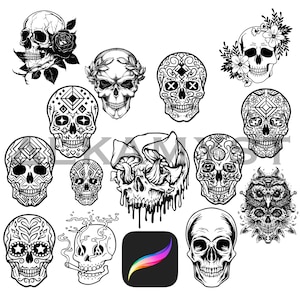 14 pinceaux de procréation pour tatouage de crâne | Psychédélique | Crâne en sucre | Fête des morts | Champignon | Fumée | Géométrique | Motif
