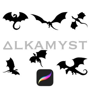 6 pinceaux pour tampon Procreate silhouette de dragon | Fantaisie | Réserver | Revue | Traqueur | Cricut | Reliure