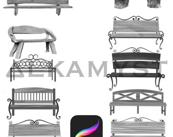 10 Bench Procreate Brushes | Park Garden Scenery Decor Cartoon Anime | Journal | Cricut | Scene