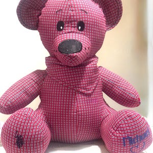 May include: A handmade teddy bear with a red and white checked pattern. The bear has black button eyes, a black nose, and a scarf. The bear's paws have a blue embroidered design. A soft toy.