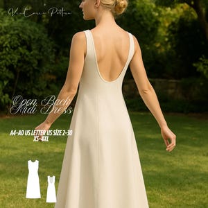 May include: A cream-colored midi dress with a low scoop back. The dress has a sleeveless design and a flowing skirt. Text on the image reads "Open Back Midi Dress" and "A4-A0 US LETTER US SIZE 2-30 XS-4XL". The dress is shown outdoors.