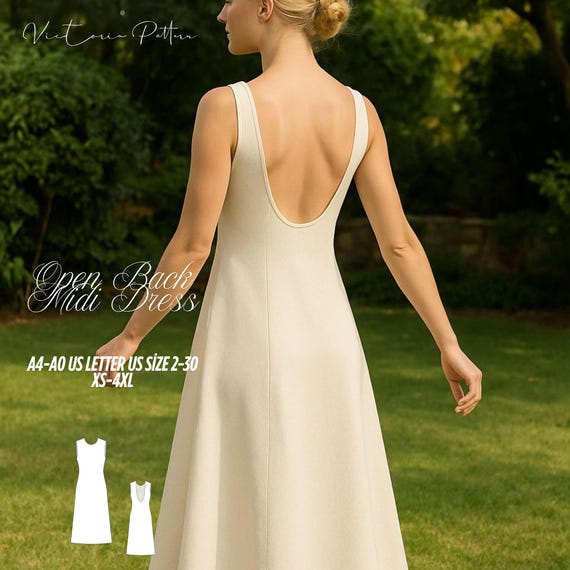 Backless Midi Dress Sewing Pattern: Sleeveless Flared Design (PDF Pattern,  XS-4XL) - Etsy Israel