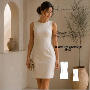 May include: A sleeveless, knee-length cream sheath dress with a round neckline and fitted waist. Text on the image reads: Victoria Pattern, Sheath Dress Sewing Pattern, A4-A0 US LETTER US SIZE 2-30 XS-4XL. Includes a small white line drawing of the dress.