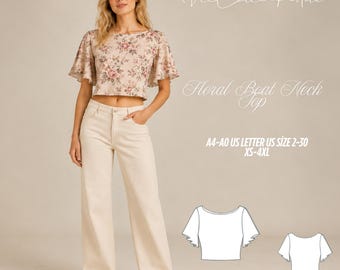Floral Boat Neck Top Sewing Pattern | Relaxed Midriff, Flared Sleeves (PDF Download)