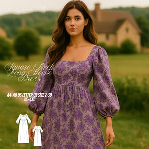 May include: A lilac floral print dress with a square neckline and long, puffed sleeves. The dress has a fitted bodice and a flowing skirt. The image text reads "Square Neck Long Sleeve Dress" and "A4-A0 US LETTER US SIZE 2-30 XS-4XL".