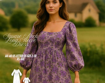 Schnittmuster für Maxikleid mit quadratischem Ausschnitt und Puffärmeln (PDF-Muster)