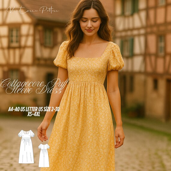 puff sleeve dress cottagecore Sewing Pattern, Midi Dress (XS-4XL) (PDF) Sewing pattern Size:3XL apparel-winter-sale-2025 Black & Beige Sleeveless The hidden zip at