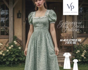 Cottagecore Gathered Midi Dress Sewing Pattern, Cottagecore Dress, Fairycore, Milkmaid Dress, Summer Dress Pattern, XS-4XL US 2-30