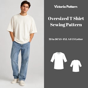 Pode incluir: Um molde de costura para camiseta oversize da Victoria Pattern. O texto diz: Victoria Pattern, Oversized T Shirt Sewing Pattern, 35 to 56 XS-4XL A4 US Letter. Inclui um desenho de linha branca da frente e das costas da camiseta.