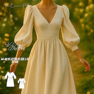 Puede incluir: Un vestido crema con cuello en V y mangas largas abullonadas y cintura entallada. El vestido tiene una falda fluida y está etiquetado como "V Neck Dress" con información de tallas. El vestido se muestra en un entorno natural al aire libre.