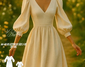 Vintage V-Neck Dress Sewing Pattern: Long Sleeve Elopement Gown (XS-4XL) (Digital Download