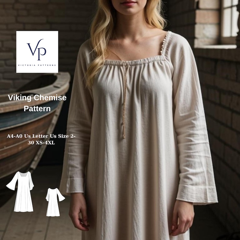 K&ouml;nnte beinhalten: Ein wei&szlig;es N&auml;hmuster f&uuml;r ein Wikinger-Hemd mit Anweisungen f&uuml;r die Gr&ouml;&szlig;en XS-4XL. Das Muster enth&auml;lt zwei Illustrationen des fertigen Kleidungsst&uuml;cks.