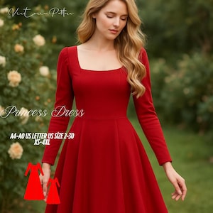 May include: A red princess dress with a square neckline and long sleeves. The dress has a fitted bodice and a flared skirt. Text on the image reads "Princess Dress" and "A4-A0 US LETTER US SIZE 2-30 XS-4XL".