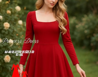 Maxi Ball Gown Dress Sewing Pattern: Square Neck, Long Sleeve (PDF Pattern, XS-4XL)