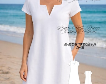 Linen Shift Dress Sewing Pattern, A-Line Midi, Short Sleeve, Pockets (Digital Download)