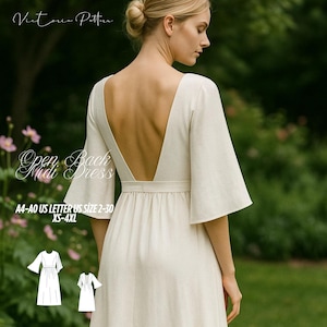 Open Back Midi Dress Sewing Pattern, Low Back Dress, Flowy Bell Sleeve Dress, Wedding Guest Dress Pattern, PDF Digital Pattern, XS-4XL